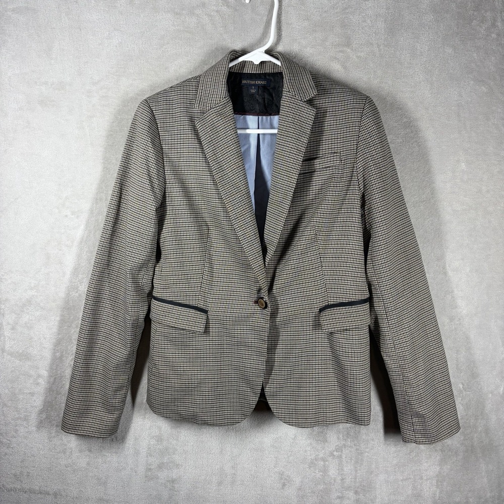 British Khaki Houndstooth Blazer Size S Old Money Academia Equestrian Preppy
